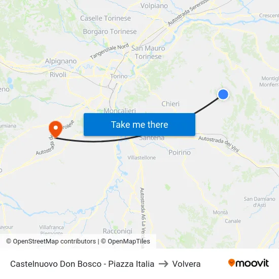 Castelnuovo Don Bosco - Piazza Italia to Volvera map