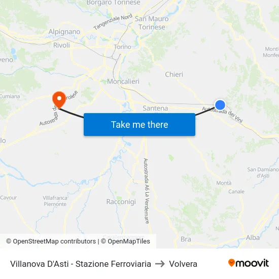 Villanova D'Asti - Stazione Ferroviaria to Volvera map