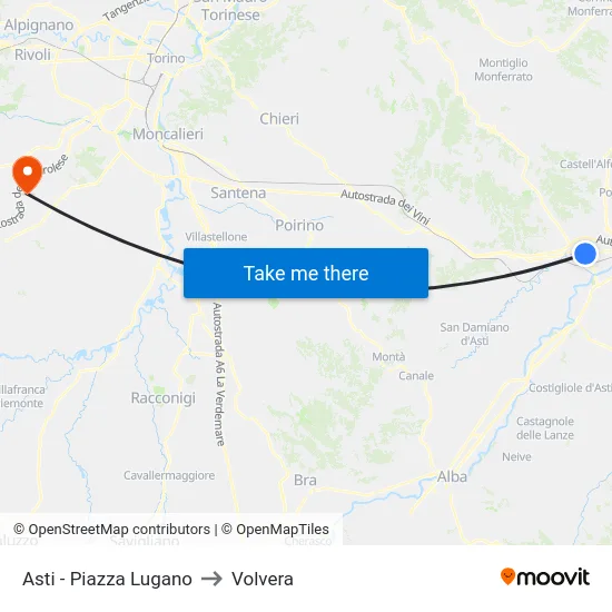 Asti - Piazza Lugano to Volvera map