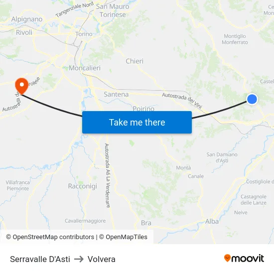 Serravalle D'Asti to Volvera map