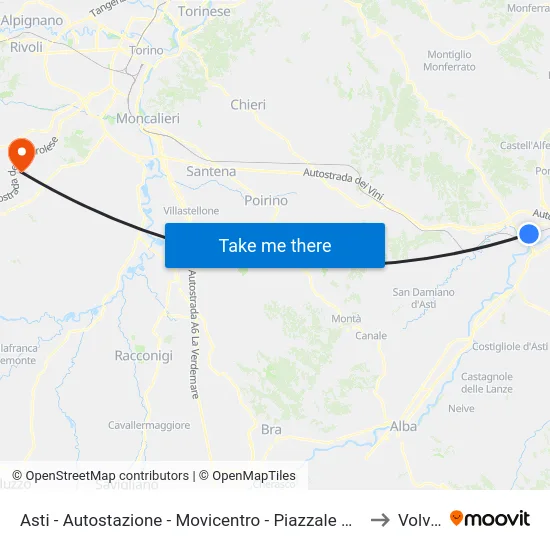 Asti - Autostazione - Movicentro - Piazzale Medaglie D'Oro to Volvera map