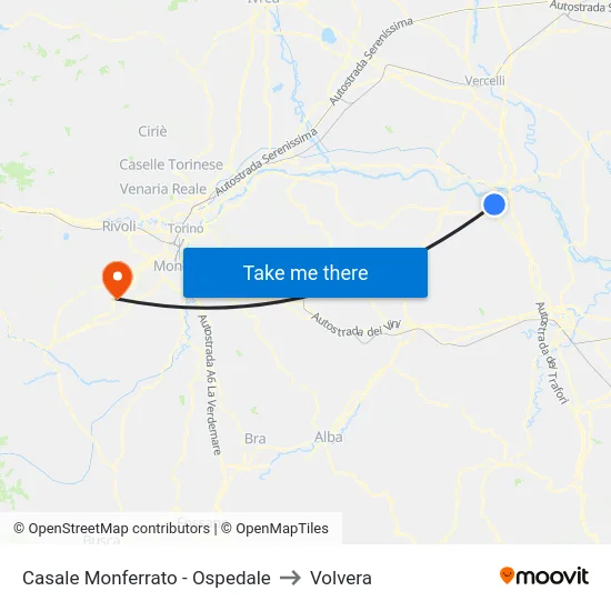 Casale Monferrato - Ospedale to Volvera map