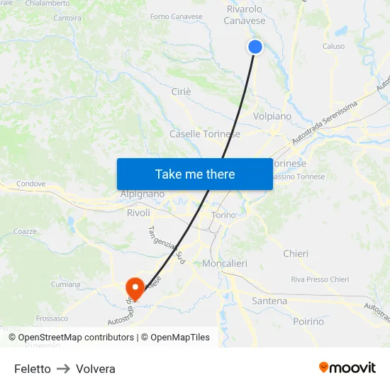 Feletto to Volvera map