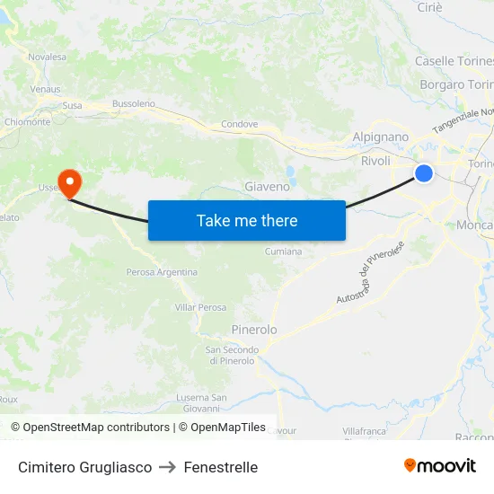 Grugliasco Cemetery to Fenestrelle map