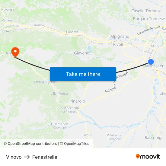 Vinovo to Fenestrelle map