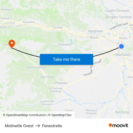 Molinette Ovest to Fenestrelle map