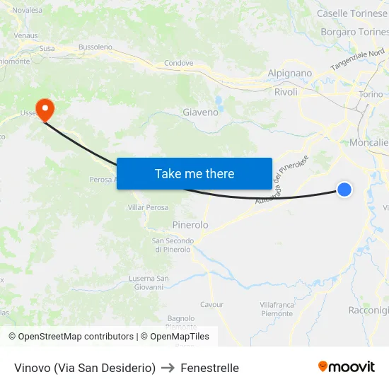 Vinovo (San Desiderio Street) to Fenestrelle map