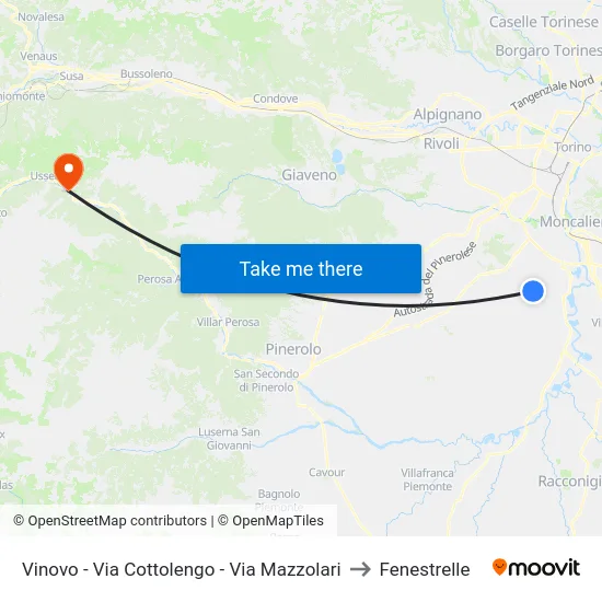 Vinovo - Via Cottolengo - Via Mazzolari to Fenestrelle map