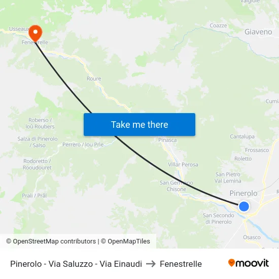 Pinerolo - Via Saluzzo - Via Einaudi to Fenestrelle map