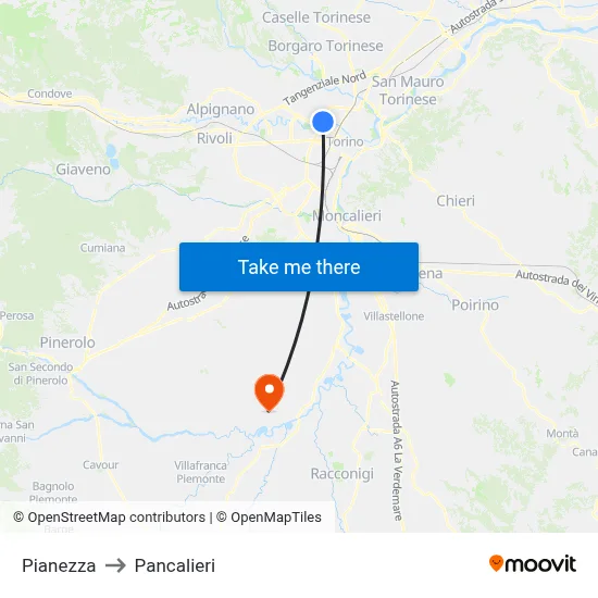 Pianezza to Pancalieri map