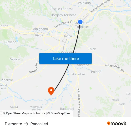 Piedmont to Pancalieri map
