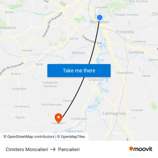 Moncalieri Cemetery to Pancalieri map