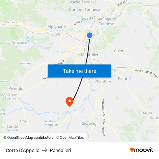 Corte D'Appello to Pancalieri map