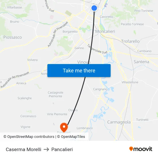 Morelli Barracks to Pancalieri map