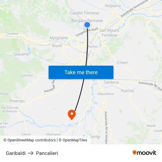 Garibaldi to Pancalieri map