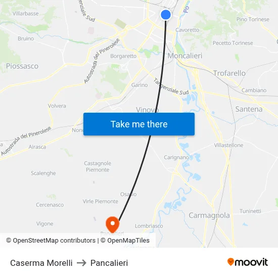 Morelli Barracks to Pancalieri map