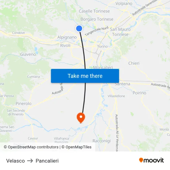 Velasco to Pancalieri map
