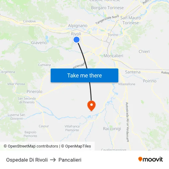 Rivoli Hospital to Pancalieri map