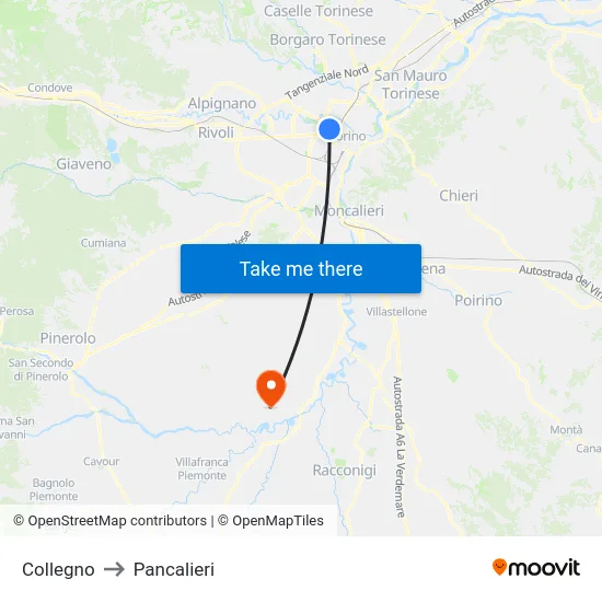 Collegno to Pancalieri map