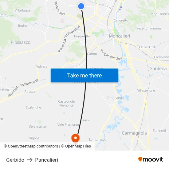 Gerbido to Pancalieri map