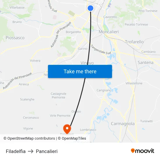 Filadelfia to Pancalieri map
