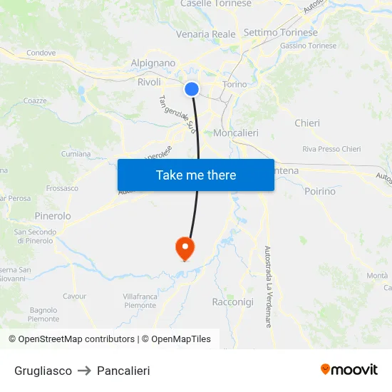 Grugliasco to Pancalieri map