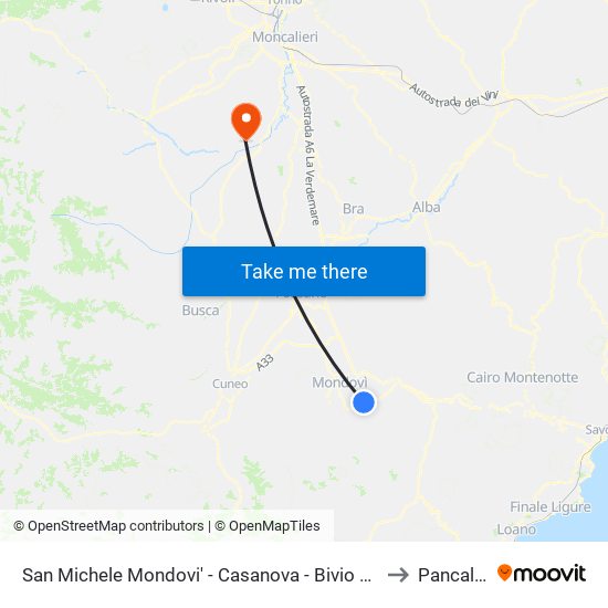 San Michele Mondovi' - Casanova - Bivio Vicoforte to Pancalieri map