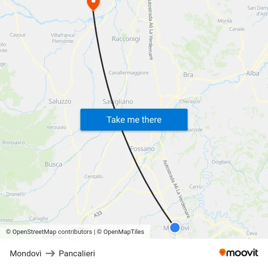 Mondovi to Pancalieri map