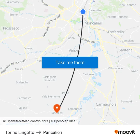 Turin Lingotto to Pancalieri map