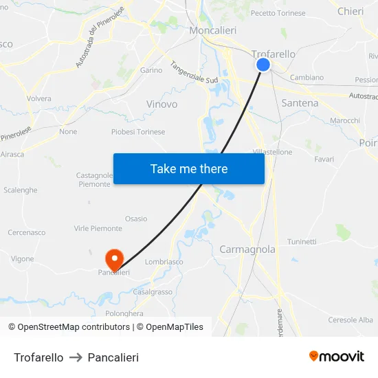 Trofarello to Pancalieri map