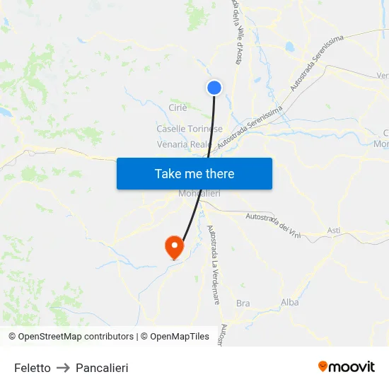 Feletto to Pancalieri map