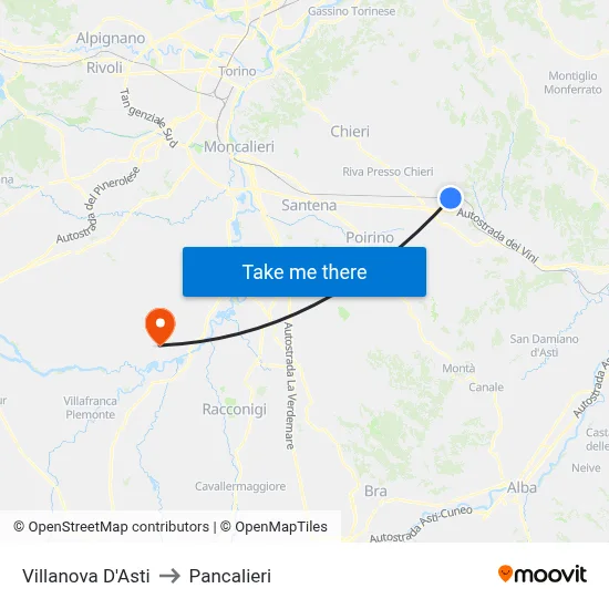 Villanova D'Asti to Pancalieri map