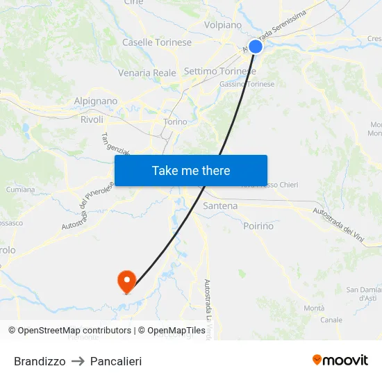 Brandizzo to Pancalieri map