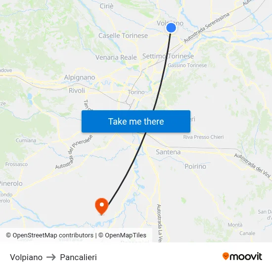 Volpiano to Pancalieri map