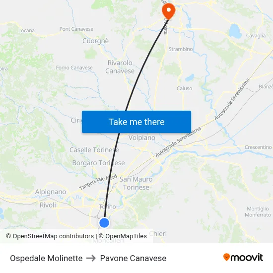 Molinette Hospital to Pavone Canavese map