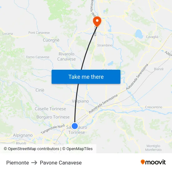 Piedmont to Pavone Canavese map