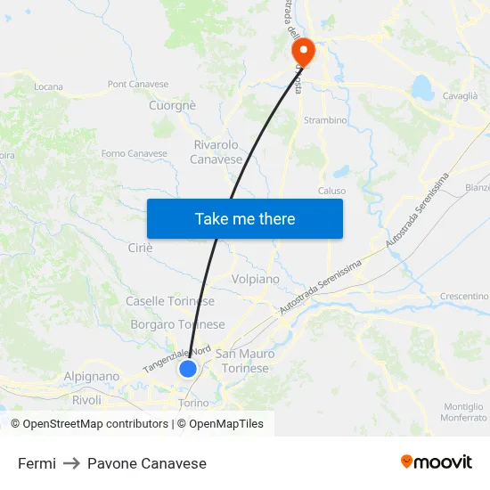 Fermi to Pavone Canavese map