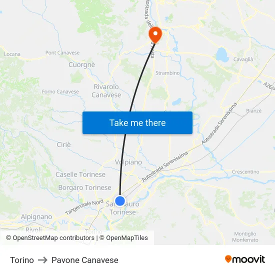 Turin to Pavone Canavese map