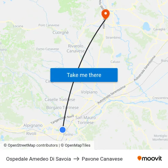 Amedeo Di Savoia Hospital to Pavone Canavese map