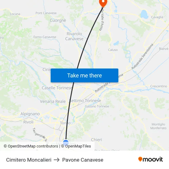 Moncalieri Cemetery to Pavone Canavese map