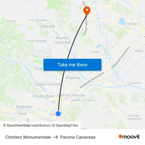 Monumental Cemetery to Pavone Canavese map
