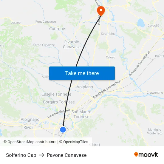 Solferino Terminal to Pavone Canavese map