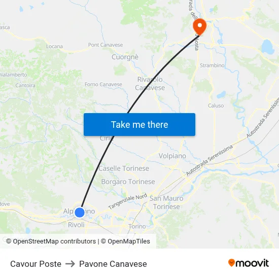 Cavour Post Office to Pavone Canavese map