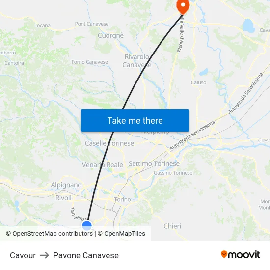 Cavour to Pavone Canavese map