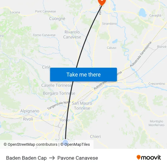 Baden Baden Terminal to Pavone Canavese map