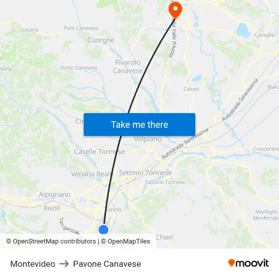 Montevideo to Pavone Canavese map