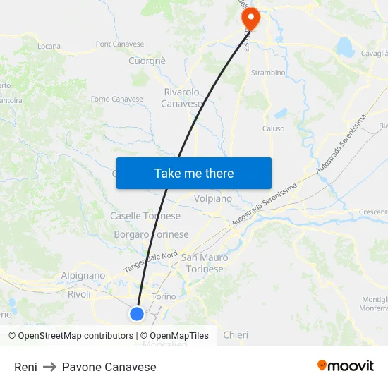 Reni to Pavone Canavese map