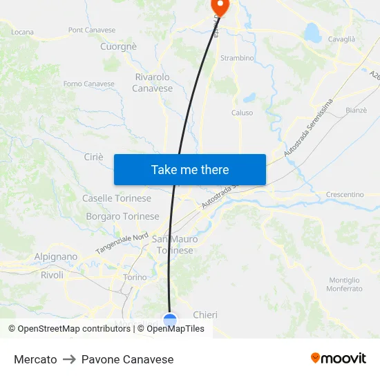 Mercato to Pavone Canavese map