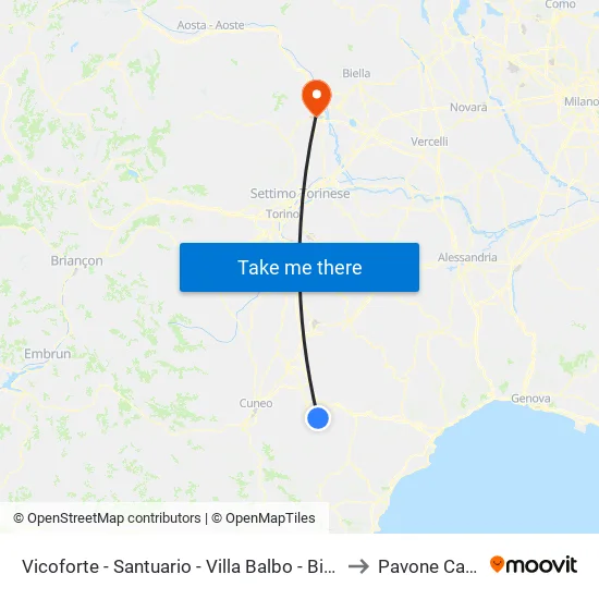 Vicoforte - Sanctuary - Villa Balbo - Mondovi Junction to Pavone Canavese map