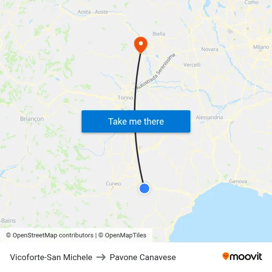 Vicoforte-San Michele to Pavone Canavese map